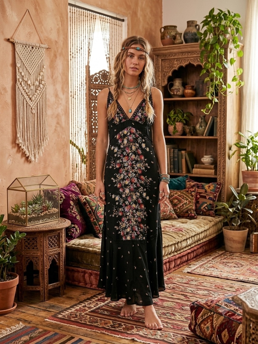 Black Floral V-Neck Slip Dress Free People Large - Picture 3 of 5